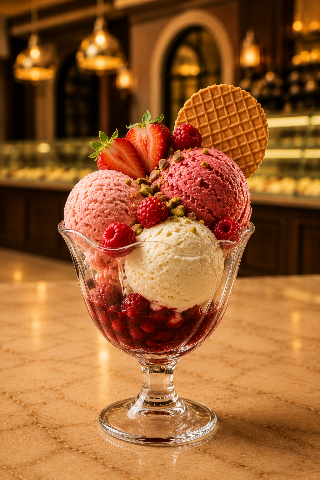 A strawberry and raspberry parfait with pistachio crumble